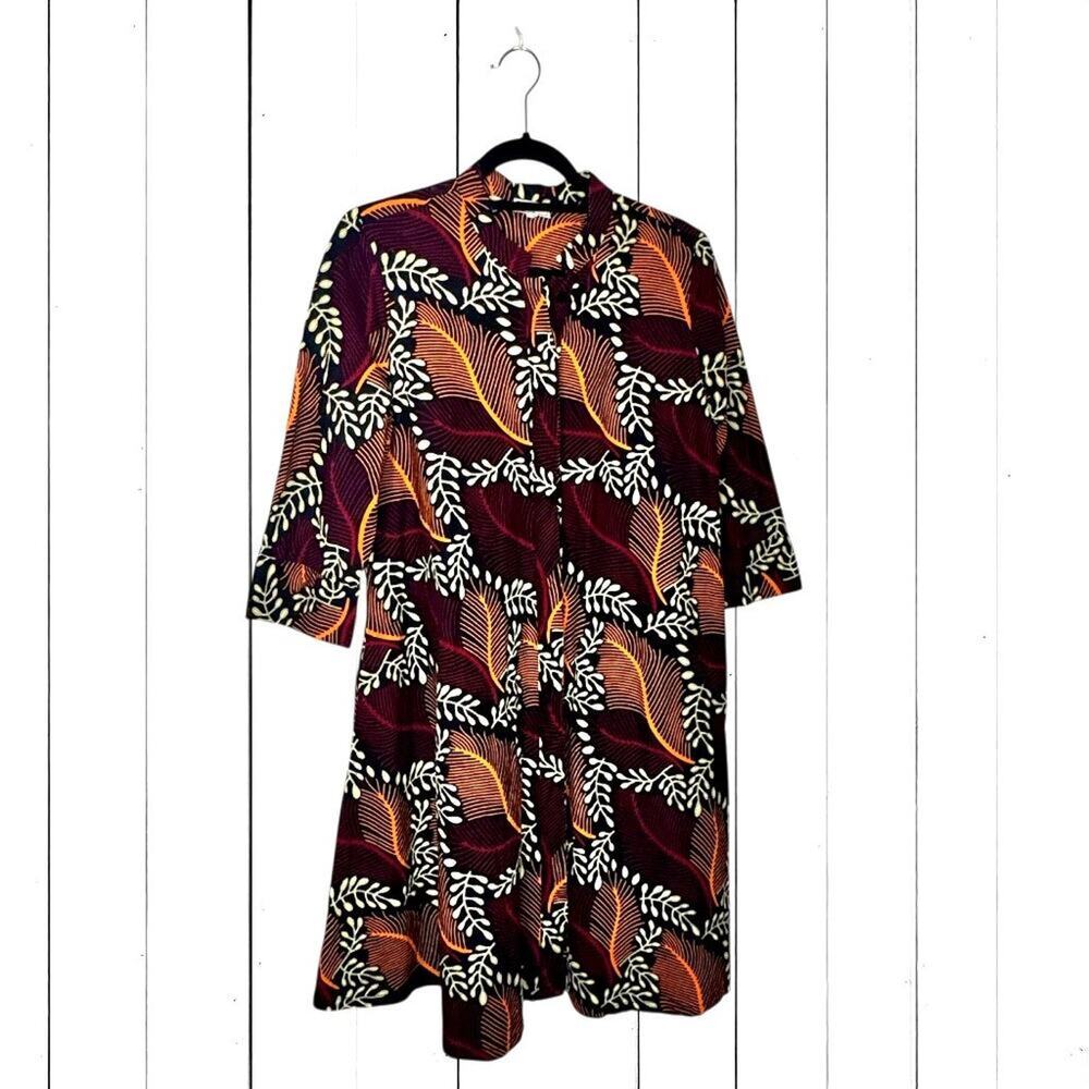 ZURI Just One Dress Kenya Button Front Leaf Botanical Swing A-line 100% Cotton S